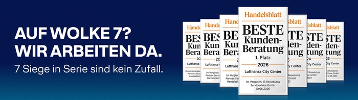 Auf Wolke 7? Wir arbeite da. 7 Siege in Serie sind kein Zufall. Handelsblatt Beste Kundenberatung 1. Platz 2026 | © Lufthansa City Center