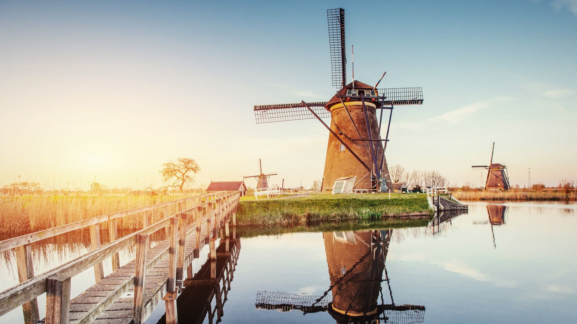 Windmühle am Ufer eines Flusses oder Sees bei Sonnenaufgang mit einem Holzsteg im warmen Morgenlicht, in Rotterdam | © A-ROSA