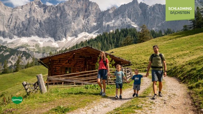 Eine vierköpfige Familie wandert Hand in Hand auf einem Schotterweg durch eine beeindruckende Berglandschaft.