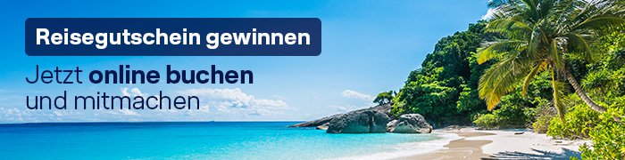 Schöner Strand mit Palmen und türkisfarbenem Meer. Reisegutschein gewinnen. Jetzt online buchen und mitmachen | © Lufthansa City Center