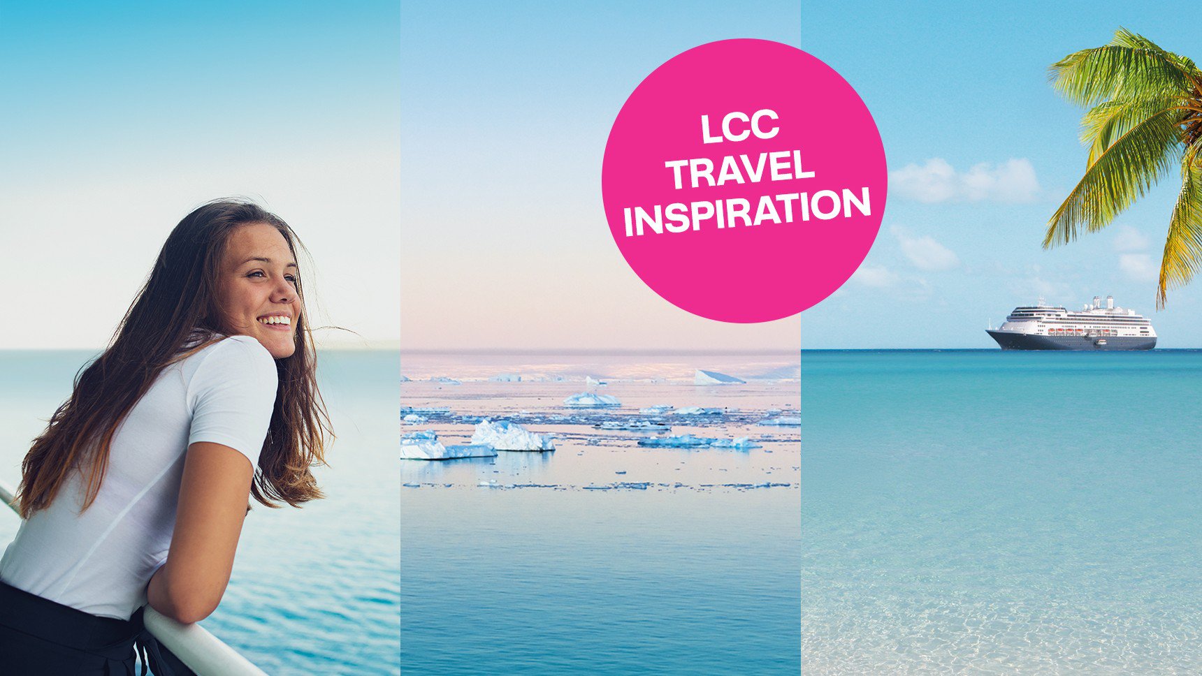 Eine Frau lehnt an der Reling eines Kreuzfahrtschiffs und blickt auf das Meer. Kreuzfahrtschiff auf See, Palme im Vordergrund | © Lufthansa City Center