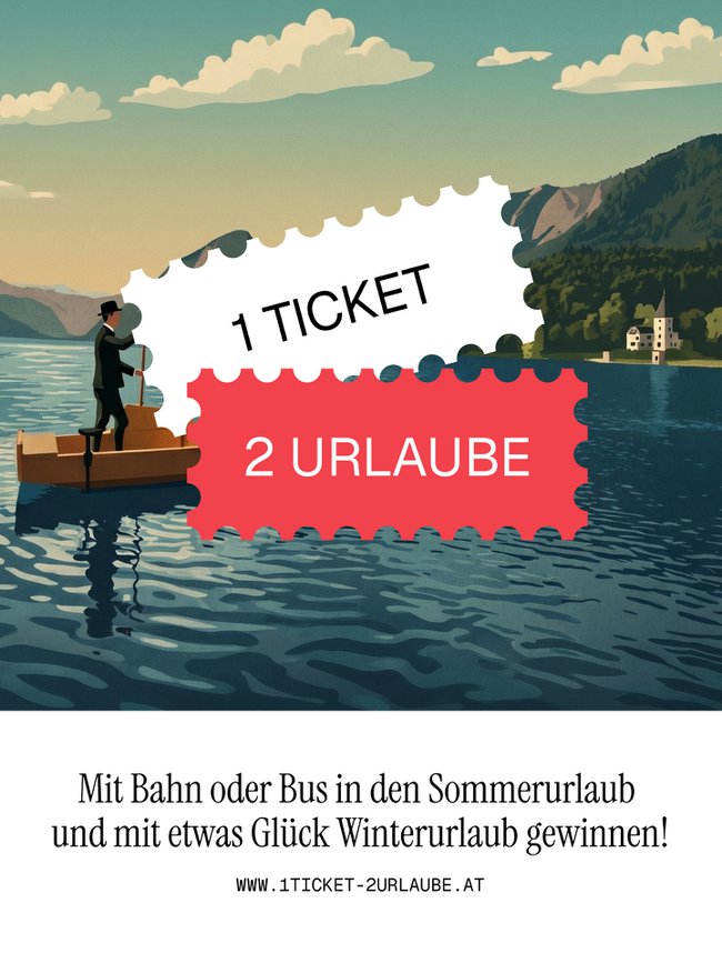 Sujet für das Gewinnspiel 1 Ticket 2 Urlaub mit der Plätte am Grundlsee im Hintergrund