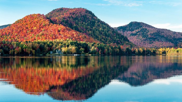 Mit roten Ahornwäldern bedeckte Hügel spiegeln sich an einem herbstlichen Abend in einem See in Québec | © Gebeco/Shutterstock