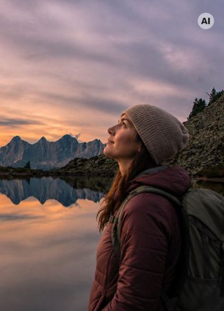 Eine Frau steht am Ufer des Sees und bewundert den farbenprächtigen Sonnenuntergang.